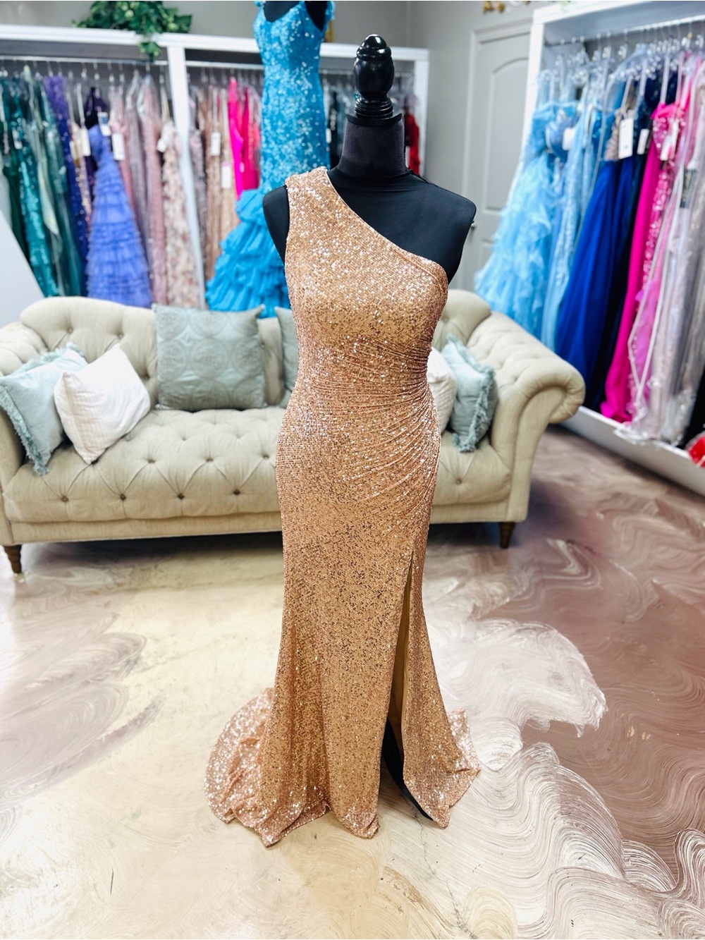 Asymmetric One-Shoulder Rose Gold Sequin Prom Gown